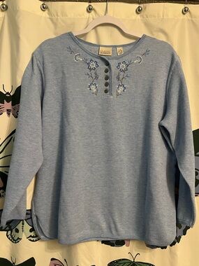 Vintage Classic Elements Sky Blue Henley with Floral Embroidery